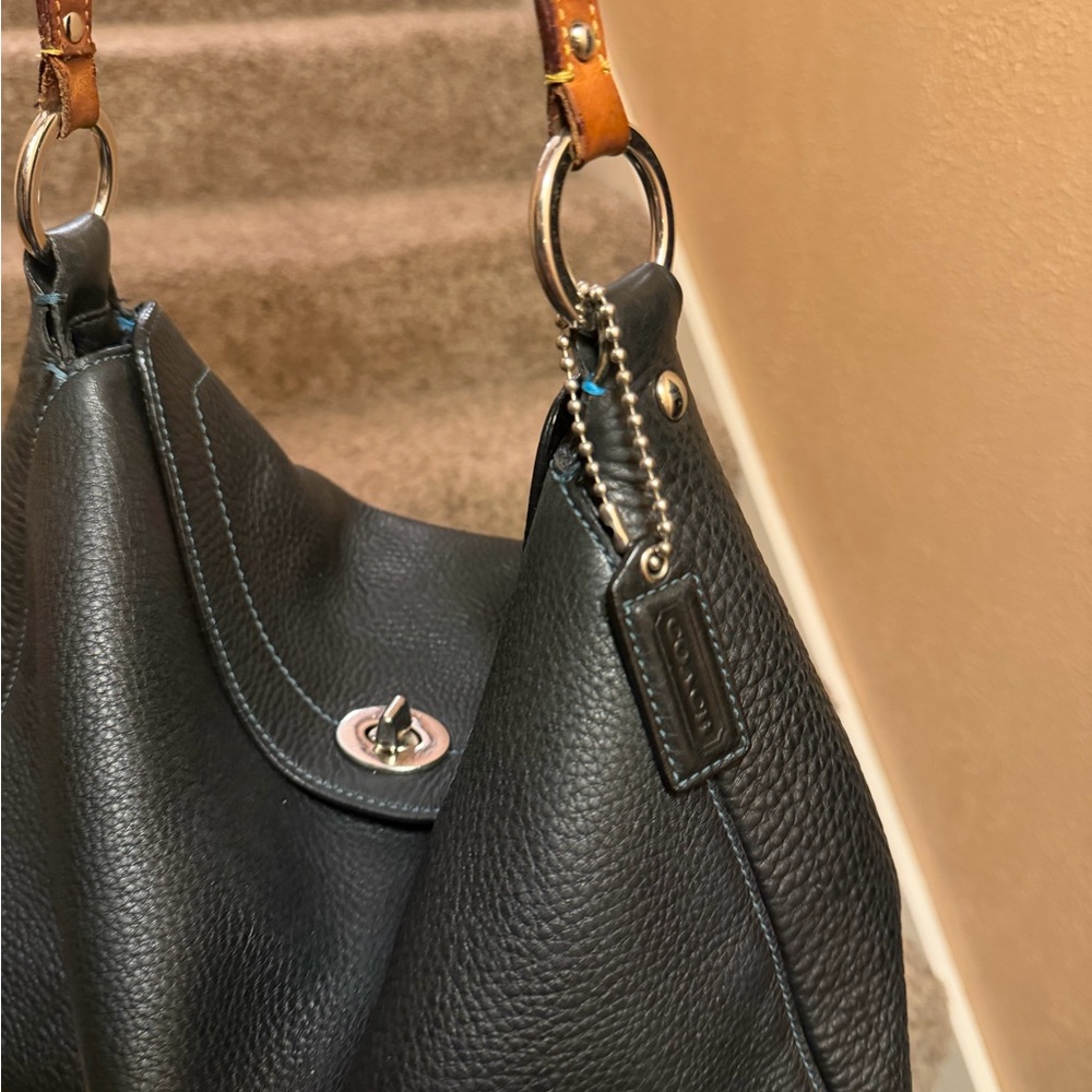 Black Pebbled Leather Coach Slouchy Shoulder Bag with Tan Handles